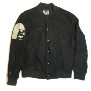 HAN‎ Bomber Jacket Mens Medium Black Snap Button Wool Blend Designed in Denmark